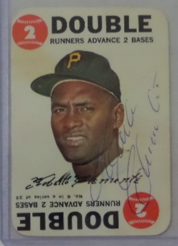 This 1968 Topps #6 Roberto Clemente "Double" game card is in EX+ condition overall, and comes blue ink signed by the '66 NL MVP and HOF Pirates rightfielder!  It shows off wonderfully, grading a clean, strong 8 at least, and is a very high value item with Clemente's death just shy of a half century ago!