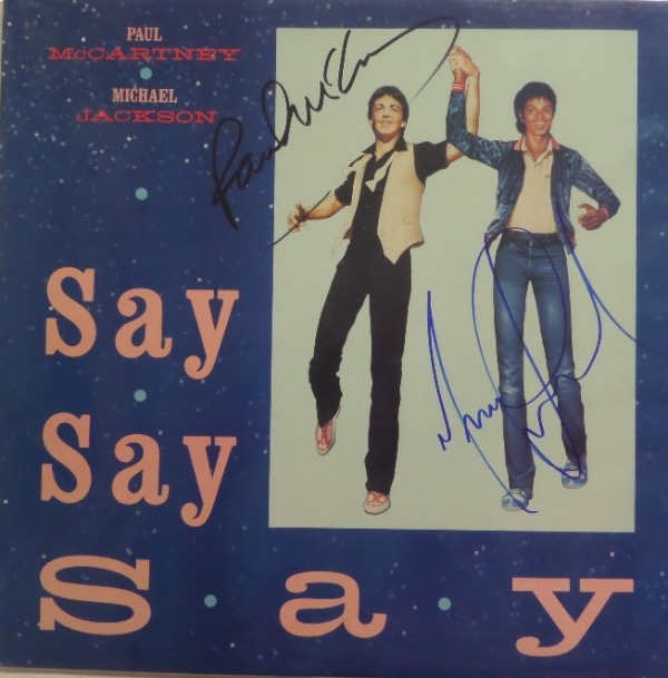 This 1983 "Say Say Say" maxi single is the same size as an album, and in NM condition!  It is hand-signed by both pop superstars responsible for its creation, including Paul McCartney in black and Michael Jackson in blue!  With Jackson's death now a decade ago, and McCartney very difficult to get to, retail here is high hundreds!