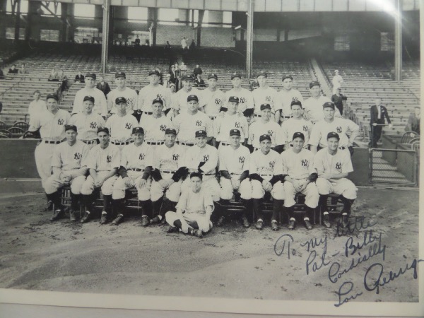 This amazing NYY treasure is a 1930's team B&W 8x10, and comes ink signed and made out to a "Billy" by the long gone "Iron Horse". The signature is a super bold 10, shows off EZ from across our room, and value on a HOF worthy item like this one is $12,000.