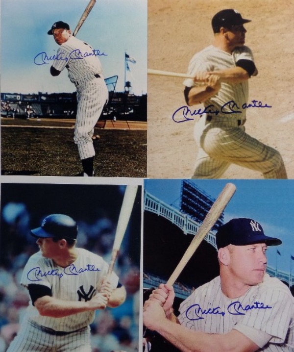 This high value group lot is FOUR Mickey Mantle 8x10's, all in color, and all different shots.  What all four have in common is that each one is penned in blue sharpie by the Yankees all time great himself, and book value of the four together is now north of a grand!