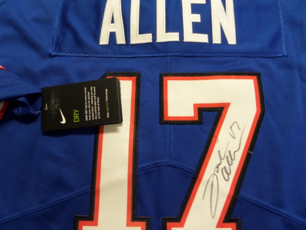 This mint blue gem is authentic and guaranteed.  It comes signed by this breakout star perfectly in black with his #17 included.   Bills are going places quick so get it now!  Retail rising super fast and he's a favorite for MVP next year and for the BIlls to win it all!
