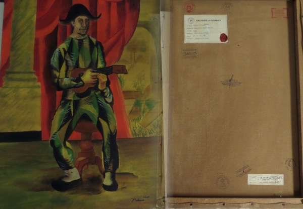 This 1918 work is all original, loaded with color, and titled "Harlequin with Guitar". It is 16x24 in size, a stretched oil work on canvas, and has the Musee d Orsay date and gallery name remaining on the back for provenance. Value is many times our asking price, and investment is almost too easy. 