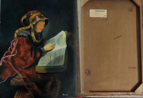 This 1600's work is all original, loaded with color, and titled "The Prophetess Anna". It is 16x24 in size, a stretched oil work on canvas, and has the Musee d Orsay date and gallery name remaining on the back for provenance. Value is many times our asking price, and investment is almost too easy. It is loaded with other Gallery stamps as well, and although its a superior 400 year old work, it shows its age in the wild colors. 