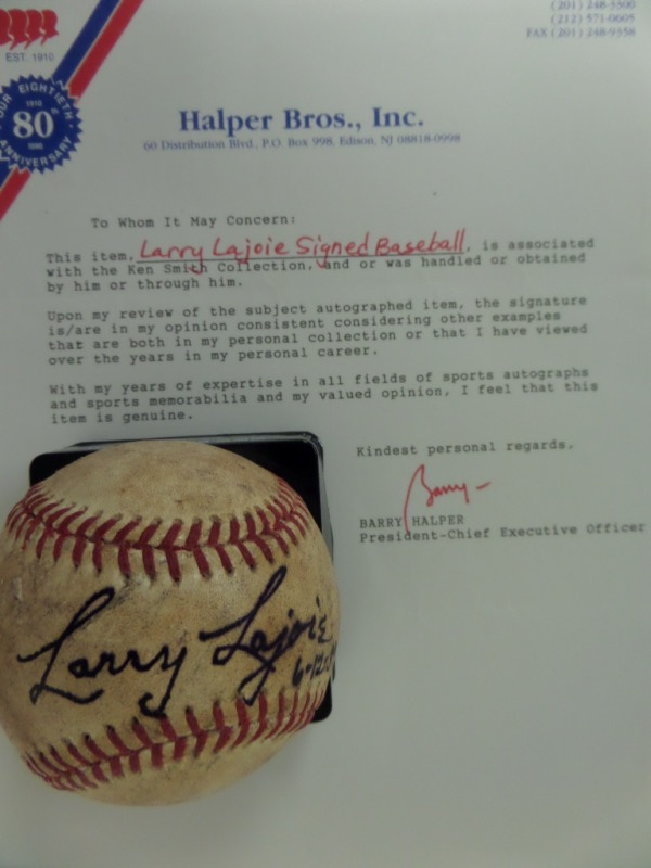 This vintage red-laced baseball is in G+ condition, and comes sweet spot-signed in bold black ink by 1901 Triple Crown winner and 1937 Hall Of Fame Inductee, Napoleon Lajoie.  The signature, reading Larry Lajoie, is dated 6-12-39--the day the Hall of Fame opened--and comes with a full photo LOA from Halper Bros., Inc. for authenticity.  Valued at $4500.00, but we'll start the bidding at less than 1% of that!!!