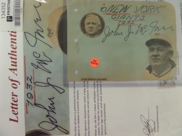 This 4.25x5.75 green paper page has rounded corners on the right, and was neatly cut on the left, with a triple hole punch; evidence of it once being a page of a collector's album.  It features two different newspaper/magazine images of John McGraw, and comes hand-signed in black ink by the HOF Giants manager himself.  Comes with a full photo LOA from Autograph Reference.com, and retail is well into the low thousands!