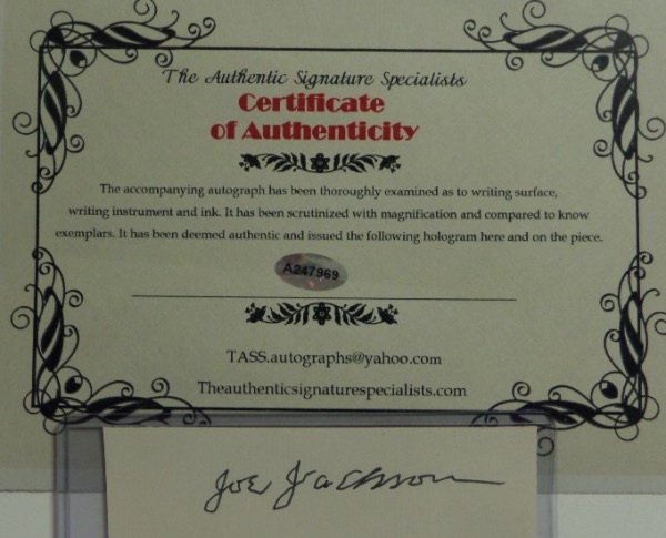 This vintage cut is on whitish paper and in superb shape. It measures approx. 1.5"x5" in size and comes signed in old black ink by this Black Sox legend and superstar.  Ideal for matting/framing and comes hologrammed and certified by TASS for authenticity purposes #A247969.
