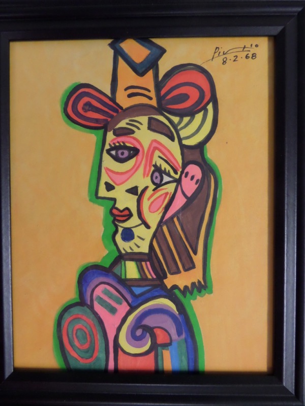 This abstract watercolor is dated in his hand from August 2, 1968, and comes signed in an upper corner. It is about 8x10 in size, and shows an abstract image of a woman.   It is pastelly in nature, and very colorful, with yellows, greens, blues, reds and oranges represented! A late in life work from the master, and value is thousands.  