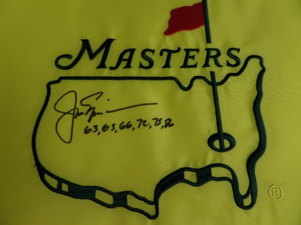 This yellow Masters logo pin flag is in MINT condition, and comes black sharpie-signed by the greatest golfer of ALL TIME, Jack Nicklaus.  The signature grades a legible 8, and includes an incredible inscription of the SIX different years that he took home the green jacket.  A fantastic PGA item, and retail is high hundreds!  BEAUTIFUL!