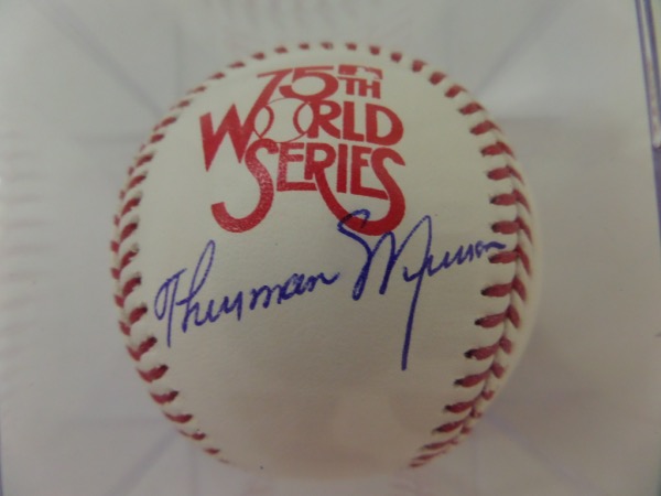 This Official Ball 1978 World Series from Rawlings is cubed in NM condition, and comes side panel-signed beneath the series logo by Yankees all time great and '76 MVP, Thurman Munson.  This signature is really nice, grading an overall 9, and with Munson's death now over 40 years ago, retail is low thousands!