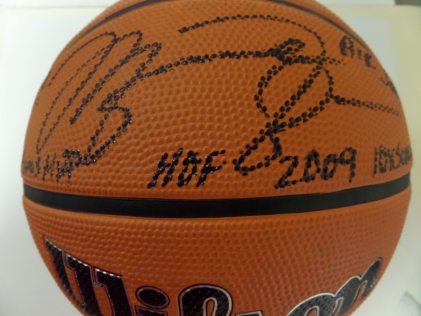 This NM full size basketball from Wilson comes hand-signed in bold black sharpie by NBA All Time Great, Michael Jordan.  The signature grades a clean, legible 8 at least, including Air Jordan, 6X Finals MVP, 5X MVP, 10X Scoring Title, and HOF 2009 inscriptions, and the ball is valued into the very high hundreds!