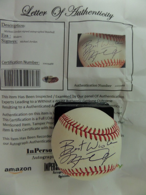 This Inaugural Season at Comiskey Park commemorative Official AL Baseball from Rawlings is cubed in EX/EX+ overall condition, and comes hand-signed across the sweet spot in black ink by onetime White Sox Minor Leaguer, and ALL TIME NBA great, Michael Jordan.  The signature grades an overall 8.5-9, with Best Wishes added, and the ball comes with a full photo LOA from In Person Authentics for certainty.  Valued into the high hundreds!