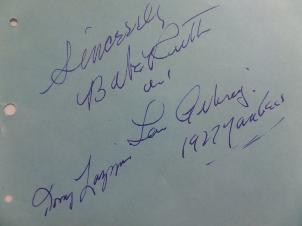 This blue piece of paper measures right around 4.5x5.5, with rounded edges on the right, and a triple hole punch on the left.  It is in EX overall condition, and comes blue ink-signed by the three most murderous members of Murderer's Row, HOF'ers Babe Ruth, Tony Lazzeri, and Lou Gehrig.  Signatures are clean 8.5's or better, and this piece is perfect for matting and framing with the photo of your choice.  Valued well into the thousands!