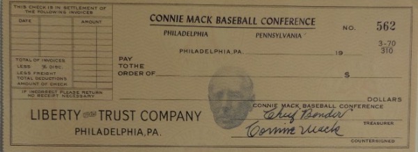 This Connie Mack Baseball Conference, Philadelphia Pennsylvania full check from the Liberty Trust Company is in NM condition, and is signed in blue at the bottom by both Connie Mack and Chief Bender.  With both men now gone 60+ years, retail is well into the thousands!
