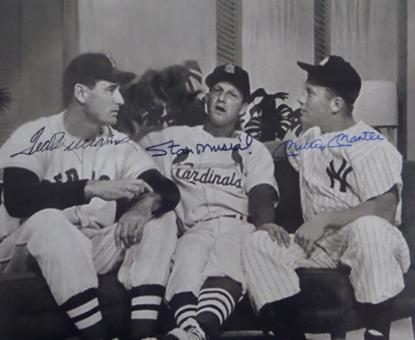 This rare image is a large B&W 11x14, shows Ted Williams, Mickey Mantle and Stan Musial seated on a couch, talking baseball, and in full uniforms. Maybe a TV appearance? It comes sharpie signed by all 3 deceased HOF Greats, grades a clean bold 10 all over, and value is about $700.00 or so in the super-size. 