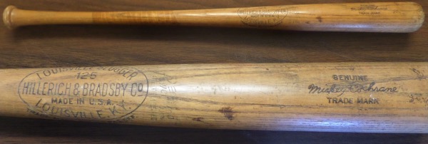 This 34.5" long wooden Louisville Slugger 125 bat from Hillerich & Bradsby is a pro model/game issue bat that comes to us in VG+ overall condition.  It is a Mickey Cochrane signature model and shows decent use but zero chipping or cracking, and will make for an outstanding addition to your vintage baseball collection!  Does have some stampings on the knob but still Pro Model.