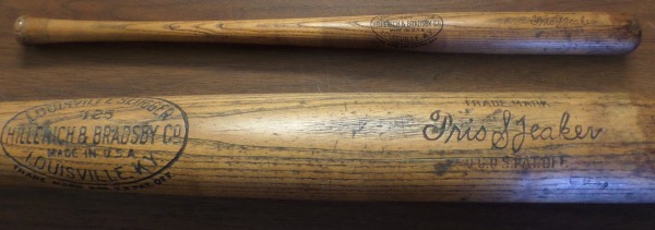 This 34.5" long wooden Louisville Slugger 125 bat from Hillerich & Bradsby is a pro model/game issue bat that comes to us in EX overall condition.  It is a Tris Speaker signature model and shows decent use but zero chipping or cracking, and will make for an outstanding addition to your vintage baseball collection! 35" is stamped on barrel but still his old Pro Sig. model. 