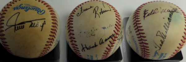 This ball was IN PERSON show obtained and includes the original 11 1989 HOF slugging group. Mantle graces the sweet spot lightly, while Ted, Eddie Willie and the rest are here on nearby side panels. Varying grades on signatures, (Banks is Gone), with many as bold as the day they were show signed. 