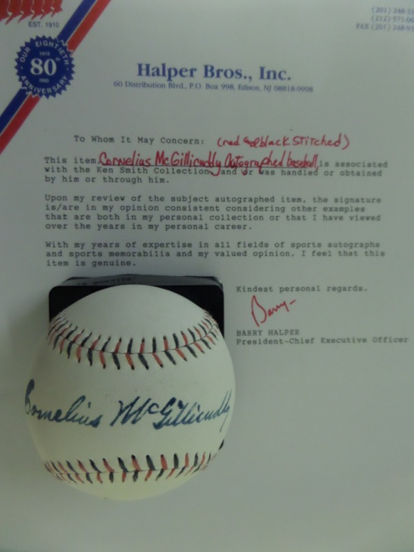 This vintage & RARE blue n red laced baseball is in EX+ shape overall and signed WONDERFULLY across the sweet spot by this long-deceased and legendary HOFer in blue ink. Ideal for the old-school baseball collector and retails into the thousands. COmes with a signed COA from renowned collector Barry Halper for authenticity. 