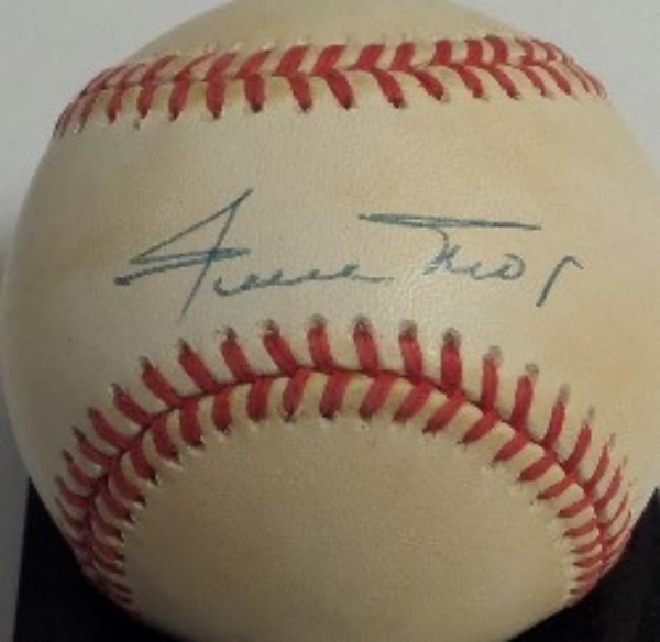 This Official National League Baseball from Rawlings is in VG condition, and comes hand-signed across the sweet spot in blue ink by Giants HOF great, Willie Mays.  The signature grades an overall, legible 8.5 on this display-ready baseball, valued well into the hundreds!
