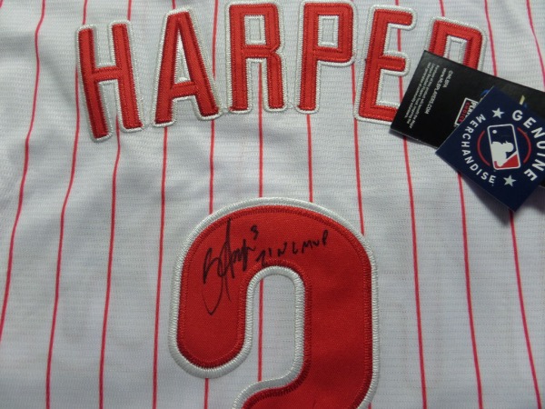 This mint home white pinstriped Phils jersey has sewn on everything and comes signed on the back by this megastar slugger in black with his #3 and a great inscription included! Guaranteed authentic and retails well into the hundreds and rising.  A must for the Fightin Phils fan and we will contend again this year!  