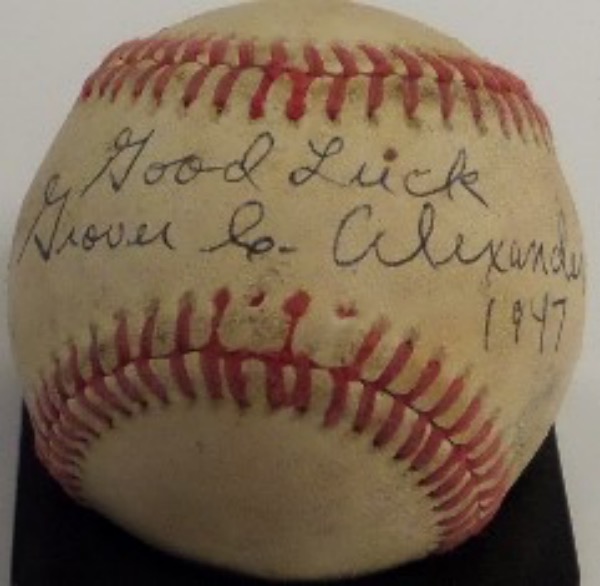 This vintage 1940's ball is red-laced, cream colored, and comes black ink, sweet spot signed by the long gone Phila. HOF pitcher. The ball itself is a yard used 4-5, while the signature really stands out, grading an honest 7, and can be seen from 18+ feet away. He has dated it from 1947, written "Good Luck" as well, and value is lower thousands. 