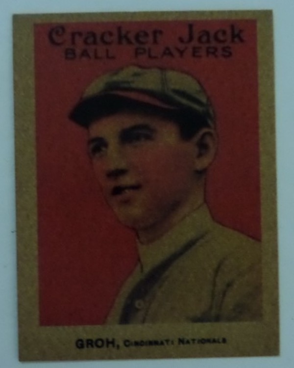This 1914 Cracker Jack Baseball Card #159 is of Henry Groh and in NM+ condition with centering 60/40 L/R. THe corners are sharp and back is clean, making this a great addition to your high end collection. PSA price guide values this card at $3000.