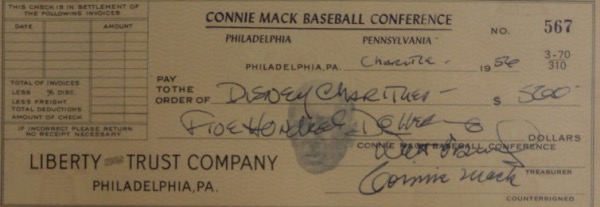 This Connie Mack Baseball Conference, Philadelphia Pennsylvania full check from the Liberty Trust Company is in EX/EX+ condition, and is signed in blue at the bottom by both Connie Mack and Walt Disney.  Signatures grade 8's or better each, and retail is well into the thousands!