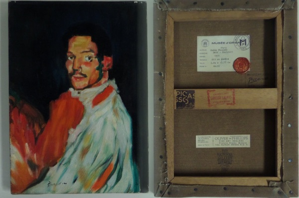 This 10x14 custom mounted canvas piece is an image of HIMSELF and is well over 120 years old and NICE! Typical Picasso style and he has signed the bottom in black with the date included!! Comes with several Gallery seals/stamps/markings on the reverse and BEGS to be framed and displayed! I've seen similar size and pieces from Picasso sell in the mid 6 figures.  Lots of whites,reds,etc. here --WOW!