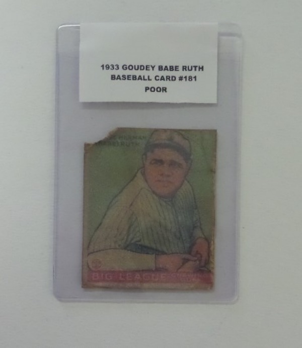 This card #181 of Babe Ruth is from the 1933 Goudey Baseball set and is in POOR condition. The card has creases and shows wear, but still a great card for vintage Babe Ruth card collectors who don't want the best. This card has a nice value, in the low grade.