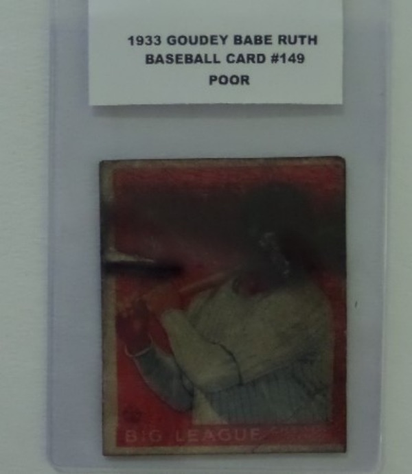 This 1933 Goudey Babe Ruth Baseball Card #149 is in Poor condition, with creases,surface wear, and some staining.  The card is great for the vintage Ruth collector who doesn't mind the lower grade, and still a valuable card in this condition, and a hard card to find.