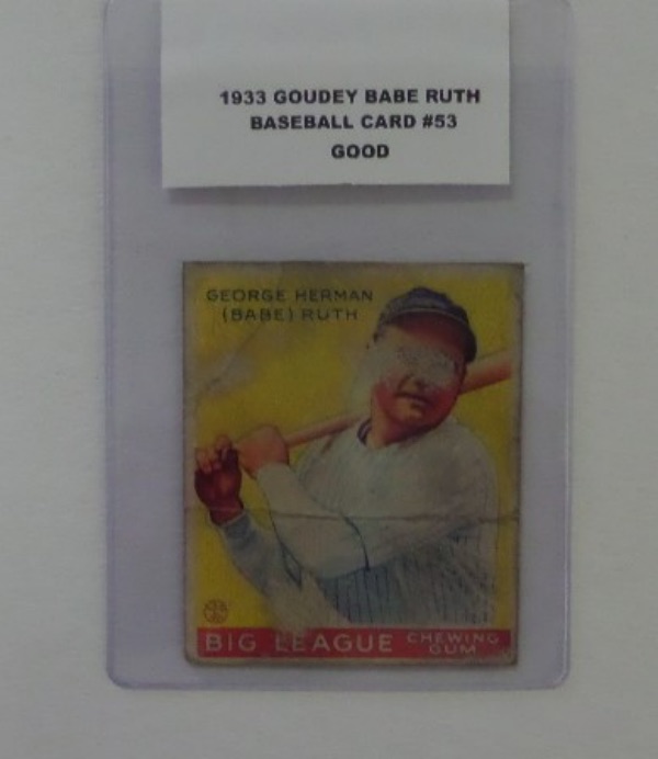 This Babe Ruth Baseball Card from 1933 Goudey is card #53 and is in GOOD condition. I see a slight surface crease, and handling that is barely noticable, but otherwise card is a nice Babe Ruth card. The card is valued HIGH in this condition, and a great addition to your collection.