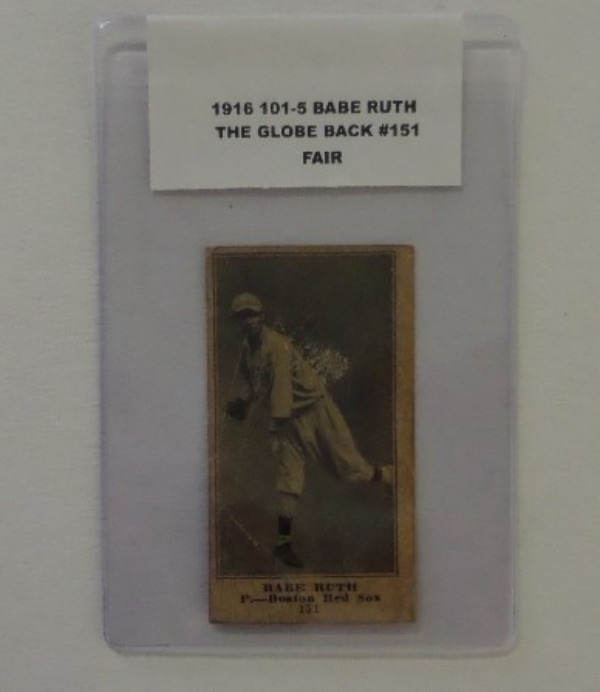 This 1916 M101-5 Baseball card of Babe Ruth is #151 and has the RARE "THE GLOBE" Back and is in FAIR Condition with some LIGHT Creases and handing evident. The card is still in great demand as any BABE RUTH card is and well valued in mid hundreds

