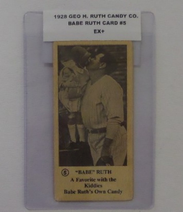 This BABE RUTH Baseball card #5 from his own Candy company in 1928 shows him kissing his kid or wife. The card is in EX+ condition, and is a super card for any Babe Ruth vintage collection, and valued at $1250