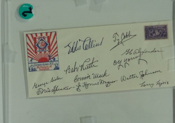 This super rare, super cool 1939 envelope comes dated and stamped from the 1st ever HOF Induction...and comes hand signed by all 11 original Inductees. It grades a strong clean 10 all over, has autographs from Babe Ruth, Ty Cobb, Walter Johnson, Honus Wagner, Tris Speaker, Eddie Collins, Cy Young and more...Terrific buy and hold HOF investment, and value is thousands in cuts alone. 