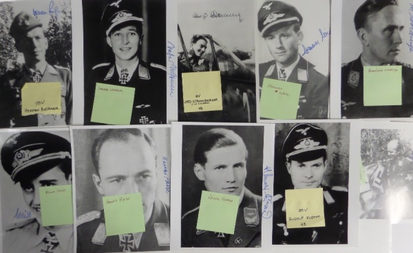 This lot holds TEN signed 8x10's of German Aces, all of whom flew during WWII, and all come sharpie signed perfectly on vintage B&W 8x10 photos. Names include Klemm, Buchner, Ewald, Weik, Woldenga etc. and all are from private IN PERSON signings held with Aaron Kinloch. 