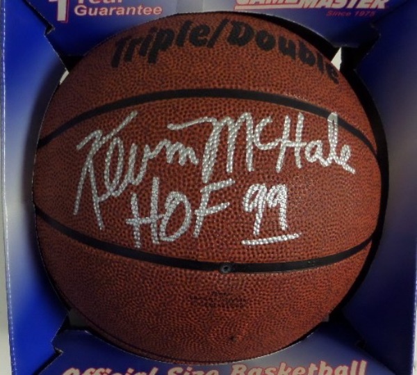 This Gamestar full size basketball is still in its original box, and comes hand-signed in silver by HOF Boston Celtics power forward, Kevin McHale.  The signature grades a clean, bright 9 overall, with HOF 99 added in his hand, and the ball is fully certified by Tracercode (PYQE 024B LOQK) for rock solid authenticity.  A MUST HAVE Celtics collector's item, valued well into the hundreds!