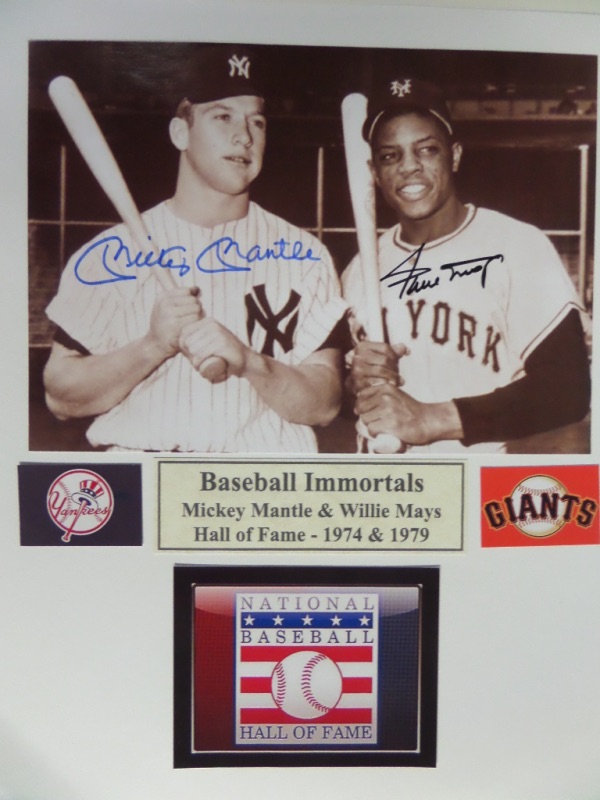 This B&W 1950's era image shows both 500 HR Hitters posing, pre all,-star game, and comes black and blue sharpie signed perfectly by the high value HOF pair. It comes matted to 8x10, has both Giants and Yankees team stickers added, and shows off VERY nicely from 15 feet away. 