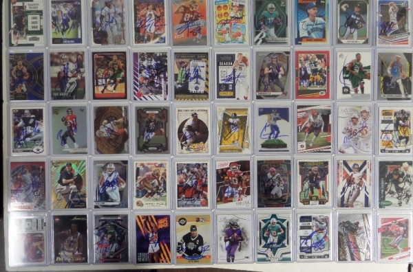 This high value group card lot totals FIFTY, and each is hand-signed by the star athlete shown.  Included are marquee names like Kelce, Rose (dec), R. Johnson, Schilling, Gilgeous-Alexander, K. Thompson, Aikman, Pierce, Garrett, A. Edwards, Jokic, Rodgers, Mays (dec), Kittle, Kupp, Hendrickson, Watt, B. Harper, Lamb, Rice, Barkley, O'Neal, Gretzky, L. Jackson, Chase, E. Manning, Hurts, Mahomes, Antetokounmpo, and more.  Easily a low thousands retail is here for the taking!!!