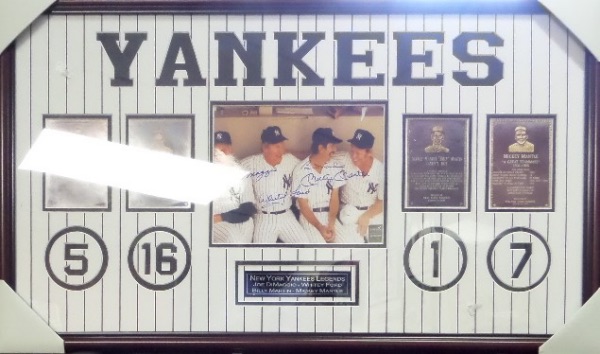 This absolutely STUNNING Yanks piece measures a horizontal-dominant 21x34 in size, is custom-framed and double matted in pinstripes, with YANKEES and the numbers of all four players shown engraved right into the matting!  Also included is a color photo that is hand-signed by all four icons, including Joe DiMaggio, Mickey Mantle, Billy Martin and Whitey Ford, with clean signatures and a full photo LOA from Scientific Authentication Company!  Ready for display, and valued into the low thousands, but we're starting the bidding LOW!!!