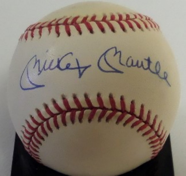 This Official American League Baseball from Rawlings is in VG+ overall condition, and comes hand-signed in blue ink right across the sweet spot by one of the game's true legends, Yankees HOF outfielder, Mickey Mantle.  Signature here is a legible 8, and with Mantle gone now 30 years, retail is high hundreds!