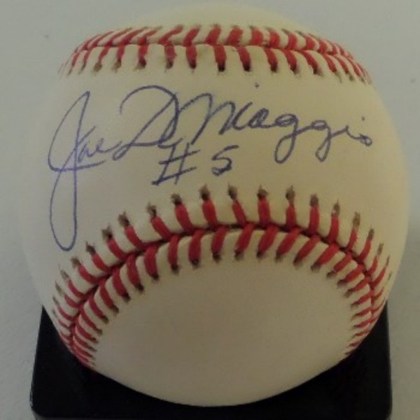 This Official American League Baseball is in EX condition, and comes hand-signed across the sweet spot by Yankees icon and all time great, Joe DiMaggio.  This is a gorgeous example, grading a legible 8.5, with #5 added, and the book value here is $600.00.  A super cool conversation piece and a MUST for any Yankees collection!
