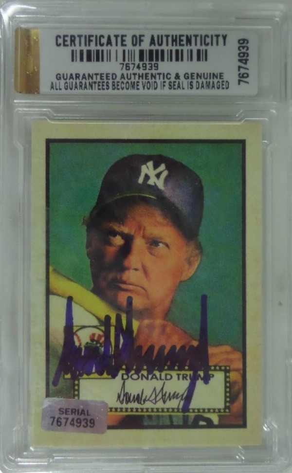 This super cool, high value card is slabbed and guaranteed authentic, shows our leader as a NY Yankee with bat in hands, and comes hand signed in bold, perfect blue sharpie. This thing is a gem, a probable one of a kind, and sells here at the "Corner" with NO reserve! 