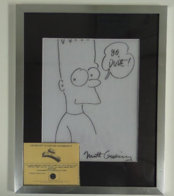 This hand drawn & signed sketch is a large one, about 8x10 in size, shows the cartoon wise assed kid in a great head shot, and comes matted and framed as a bonus. It reads "Yo Dude", has an NEP memorabilia lifetime COA intact, and value is mid to upper hundreds on the "Simpson's" one of a kind. 