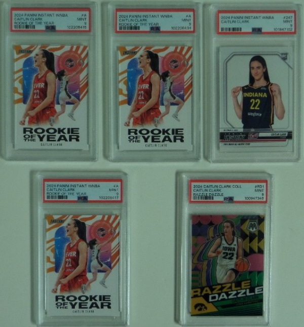 This high value easy investment lot is FIVE slabbed and graded cards from PSA/DNA, all Mint-9's, and all rookie cards from the WNBA Rookie of the Year. 3- are 2024 Panini Instants cards #A, while one is a 2024 Razzle Dazzle #Rd1 and the last one is a 2024 Panini Instant WNBA card #247. No reserve here at the "Corner"..but please bid accordingly!