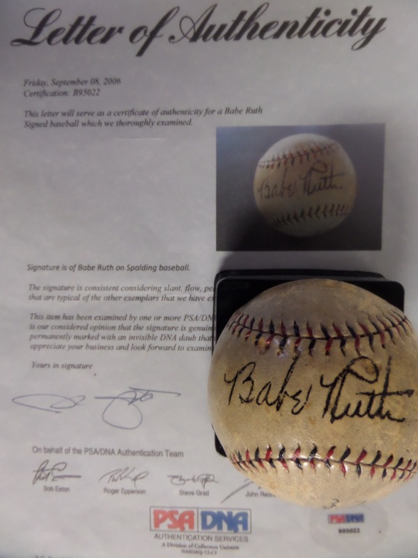 This vintage ball has red and black lacing, is an official Spalding ball from the National League, and comes black ink, sweet spot signed by the "Sultan of Swat". It has a very light coat of shellack on it, shows some handling as well, but overall, this cream colored ball is a beauty, has the full PSA/DNA 8x10 LOA with it and is valued at $45,000 we estimate. Easy buy and hold Cooperstown investment, and just look at the opening bid pricing. 