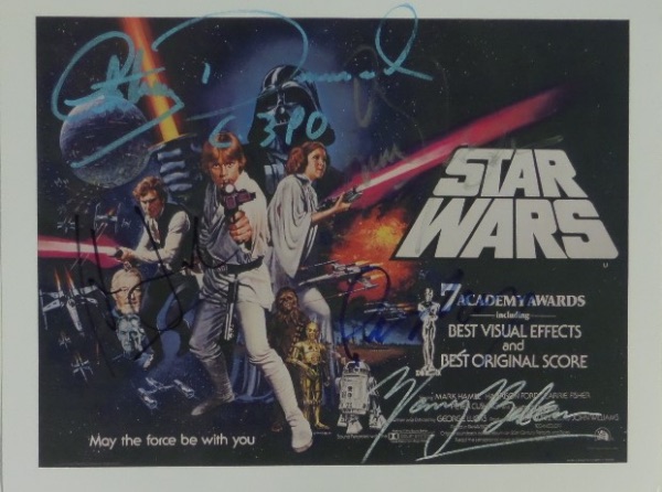 This 8.5x11 print is a full color image of a 1978 Star Wars promotional movie poster, listing Academy Award Nominations.  It comes hand-signed in various colors by 5 stars of the game-changing 1977 fantasy film, including Harrison Ford, Kenny Baker, Carrie Fisher, Anthony Daniels and Peter Mayhew, and with 2 now gone, this colorful display photo is valued into the high hundreds!
