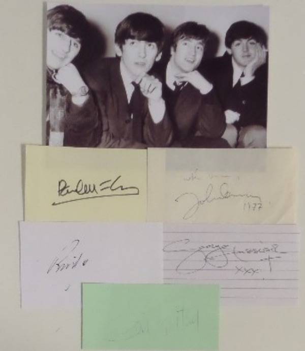 This outstanding Beatles lot is three different cuts of varying sizes and colors, with signatures from Beatles Paul McCartney, Ringo Starr, George Harrison, and long-deceased band leader, John Lennon.  It comes with a black and white band photo for matting and framing, and will make for a stunning display!
