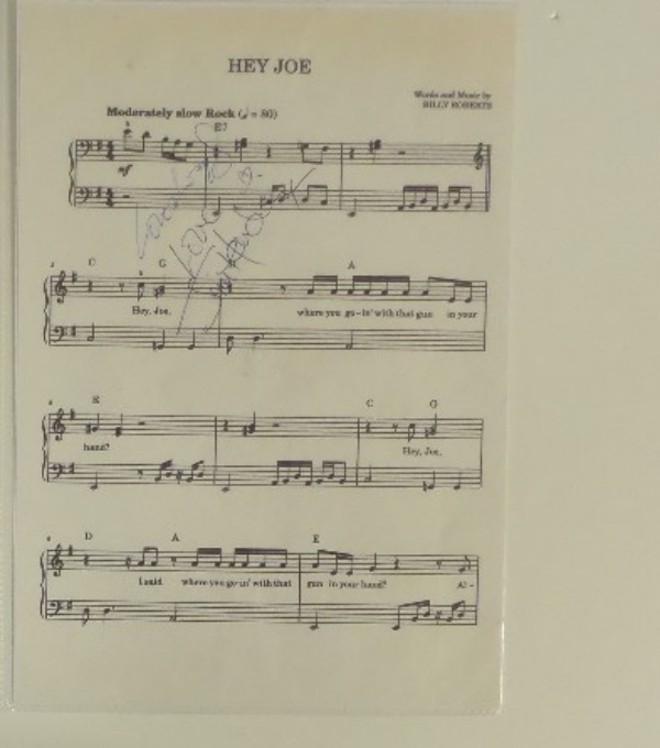 This roughly 8x11 full sheet music copy is entitled "Hey Joe," and comes hand-signed in blue ink by guitar great, Jimi Hendrix.  Signature here is about a 7, and with his death now nearly 55 years ago, retail is low thousands, and it will look just stunning when framed for display!