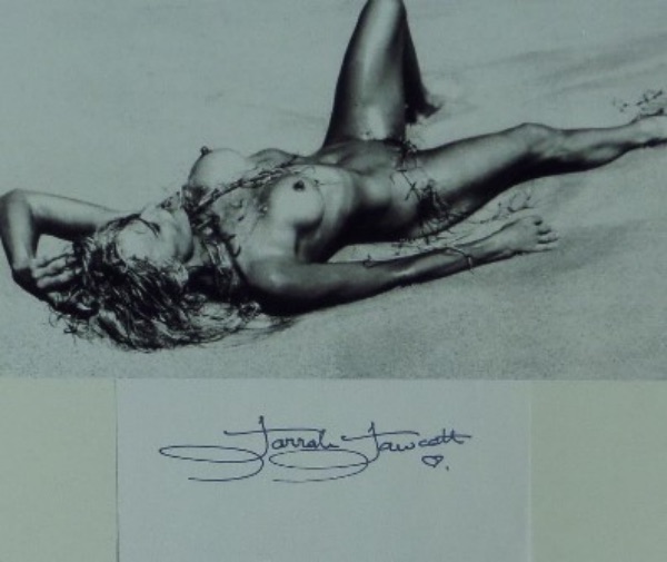 This black and white 5x8 photo is a sexy photo of Farrah, nude on the beach!  It comes with a 3x5 cut of white paper, gorgeously hand-signed in black sharpie by the 1970's superstar herself, here RARE full name signature grading a nearly flawless 9, with hand drawn heart added.  With her death now well over 15 years ago, retail is well into the hundreds!