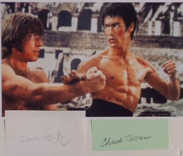 This fantastic one of a kind collector's chance is TWO different cuts, each hand-signed by one of the finest martial artists of his time.  Included are one by film icon Bruce Lee and one by former World Champion Chuck Norris, and a color photo of the two in "The Way of the Dragon" for display!